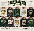 A collage showing 10 sweatshirt colorways with the text 'CORY-RAUSON Hornets SOFTBALL' and 'Support your team in style' at the top, plus 'LITTLE press co.' branding.