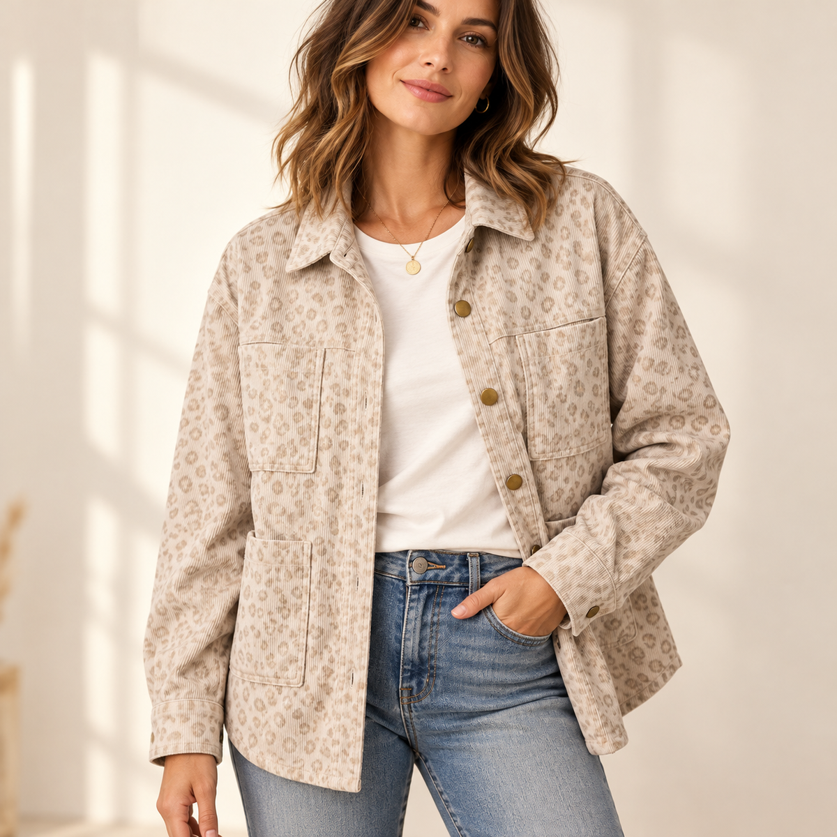 Everyday Leopard Corduroy Shacket — Khaki